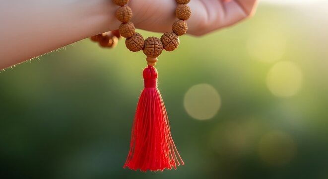 A hand holds a mala bead necklace with a red tassel against a blurred, sunlit green backdrop