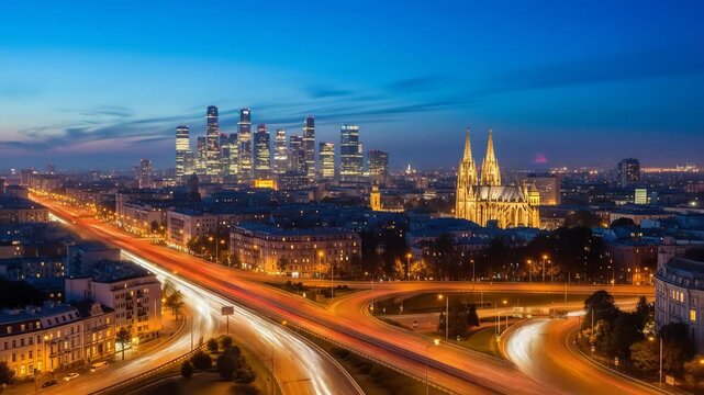 A cityscape at dusk featuring a large church with two spires on the right, a multi-lane highway with moving cars in the foreground