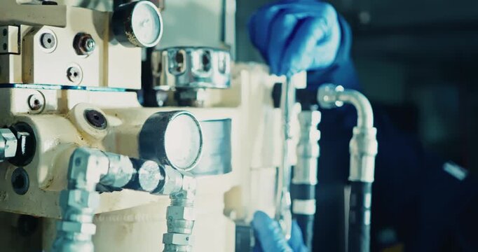Technician Adjusting Hydraulic Machine in Industrial Setting