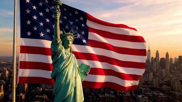 Statue of Liberty with American Flag Celebrating Independence Day Spirit