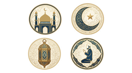 Obraz premium Islamic icon set with mosque, crescent moon, Quran, lantern, and decorative patterns.