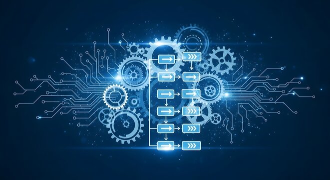 Circuit board schematic with interconnected gears and flowchart symbols, representing digital process automation and technology.