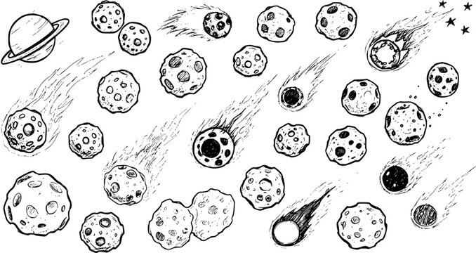 Hand-Drawn Space Elements: Planets, Asteroids, and Comets Illustration