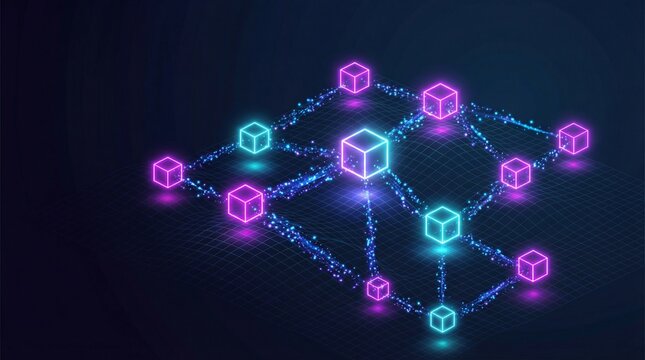 Decentralized blockchain network visualization with interconnected cubes and glowing particles