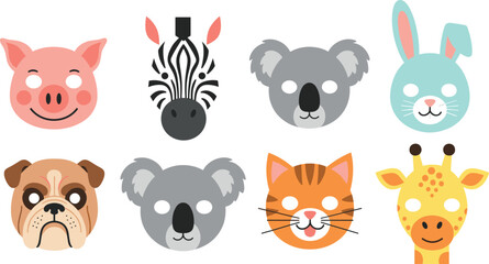 Obraz premium Cartoon Animal Mask Set Featuring Pig, Zebra, Koala, Rabbit, Dog, Giraffe, and More for Kids' Parties, Playtime, and Costume Designs