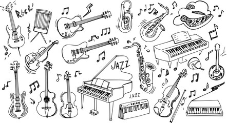 Hand-drawn musical instruments doodle set: guitars, pianos, saxophones, violins, drums, and notes in a sketch art style, celebrating music and sound. © abenail