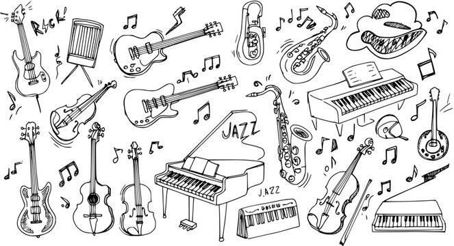 Hand-drawn musical instruments doodle set: guitars, pianos, saxophones, violins, drums, and notes in a sketch art style, celebrating music and sound.