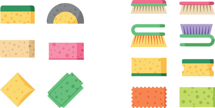 Cartoon cleaning sponges and brushes in colorful vector illustration showing textures, shapes, and household hygiene tools