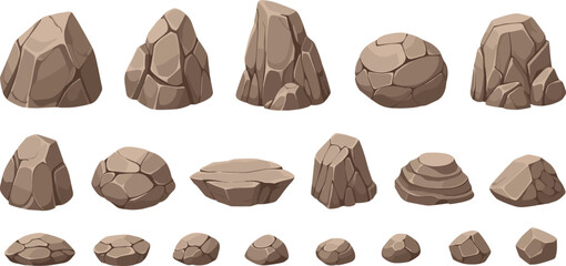 Cartoon style rocks in varied shapes and sizes with smooth shading, angular and rounded forms for digital assets © MdMojnu