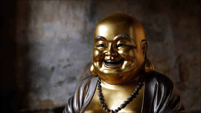A gold laughing buddha statue with a peaceful and serene expression, a symbol of joy and prosperity