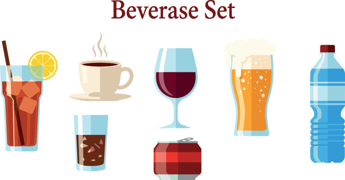 Beverage set illustration with coffee wine beer soda and soft drinks in flat vector style
