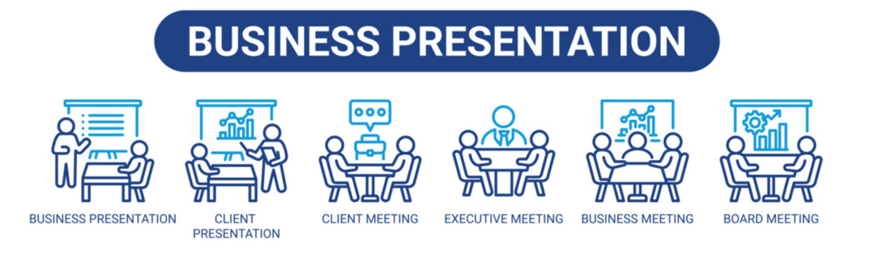 Business Presentation web banner icon vector illustration concept with icons of business presentation, client presentation, client meeting, executive meeting, business meeting, and board meeting.