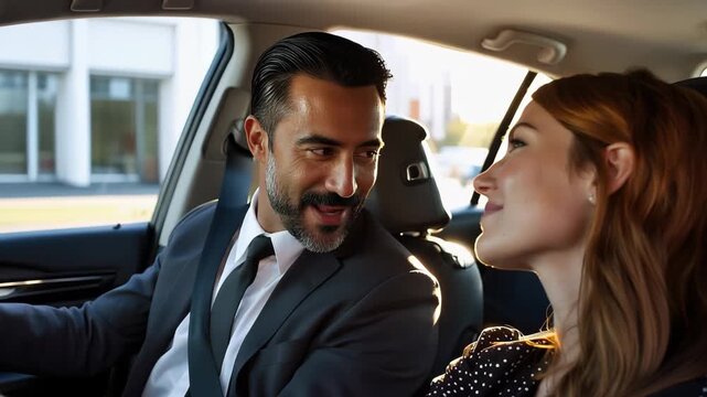 Uber driver and female passenger enjoying a city ride on a sunny day while discussing local attractions and plans for their journey ahead