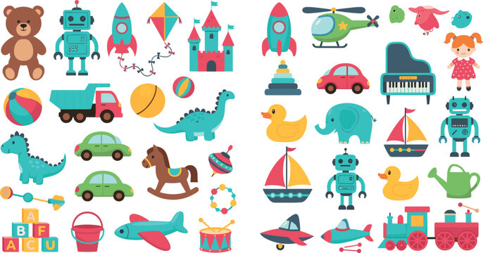 Children's Toy Illustration Set with Robots, Dolls, Dinosaurs, Cars, Trains, and Educational Toys for Kids, Playtime, and Fun Designs