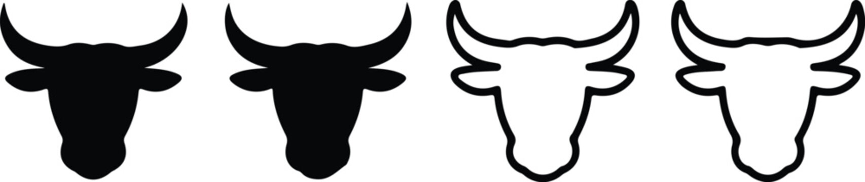 Hand-drawn inspired line art of four bulls featuring solid and outlined heads with sharp lines and robust facial structure flat vector