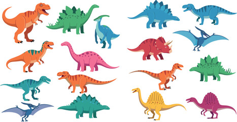 Colorful Cartoon Dinosaurs in Different Poses for Kids, Fun, and Animal Illustrations © MdMojnu
