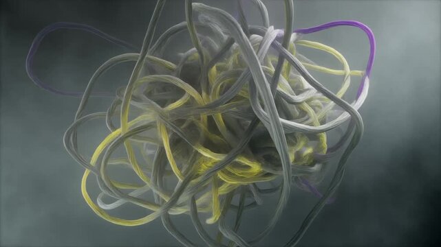 Abstract tangled grey and purple wires on a dark background