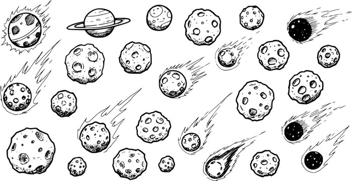 Hand-Drawn Celestial Bodies: Planets, Asteroids, and Comets Sketch Set