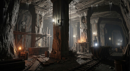 Mysterious Underground Mine Shaft with Dim Lighting and Wooden Structures. © Tata