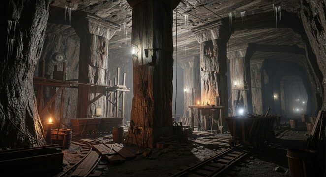 Mysterious Underground Mine Shaft with Dim Lighting and Wooden Structures.