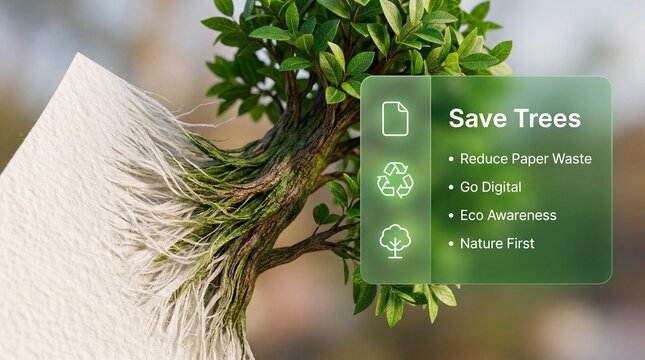 Eco friendly message on a tree with torn paper promoting save trees campaign