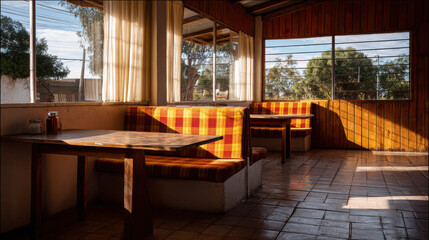 Fototapeta premium Interior view of a cozy dining area with warm sunlight streaming through the windows