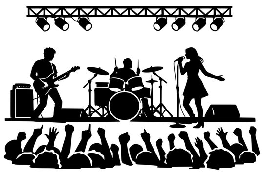 Minimalist vector silhouette of a rock band performing on stage with a guitarist, drummer, and female singer. This high-contrast black design captures a live concert with a cheering crowd.