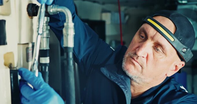 Technician Adjusting Pipes in Industrial Setting