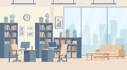 Modern office interior with desks, computers, bookshelves, and city view © Zigmate