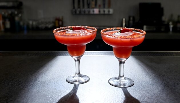 Front View Red Spicy Margaritas with Chili Garnish on Bar Counter