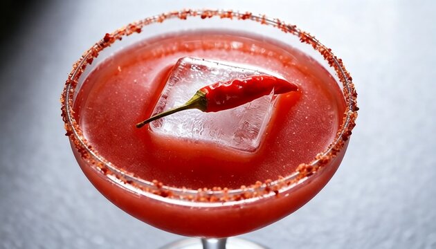 Close Up Red Spicy Cocktail Glass with Chili and Ice Cube