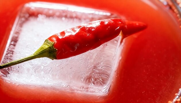 Macro Details of Chili Pepper on Ice Cube in Red Drink Glass