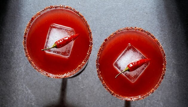 Top View Red Spicy Cocktail with Chili Pepper and Ice Cube Drink