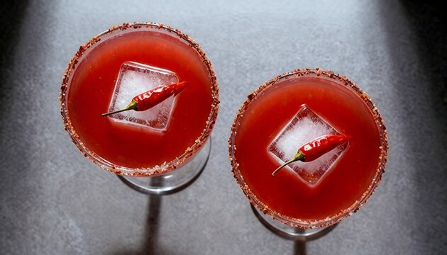 Overhead View Red Drinks with Chili Garnish on Modern Background