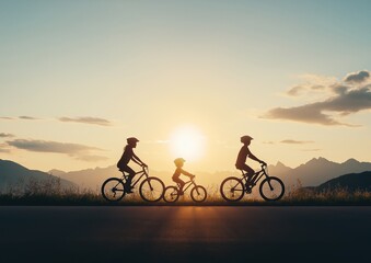 Fototapeta premium Family riding bicycles on a road with mountains and a glowing sun, creating warm silhouettes against the sky