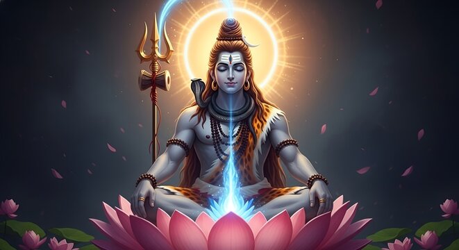 Lord Shiva Meditating on Lotus Flower with Trident and Glowing Aura