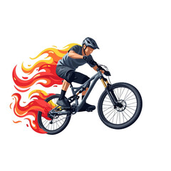 Fototapeta premium Mountain biker with flames trailing behind, extreme sports, dynamic action illustration