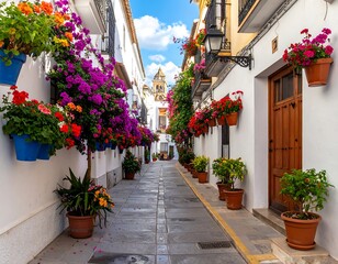 Fototapeta premium A narrow alleyway with white buildings, colorful flower pots, and a glimpse of a church