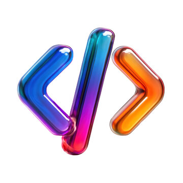 3D Translucent Code Icon Against Transparent Background Reflecting Vibrant Colors Emphasizing Digital Technology and Software Development