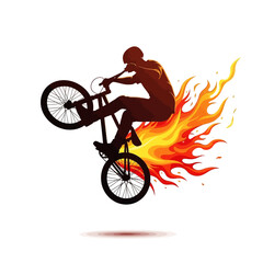 Obraz premium BMX rider performing stunt with fiery flames erupting from bicycle rear wheel