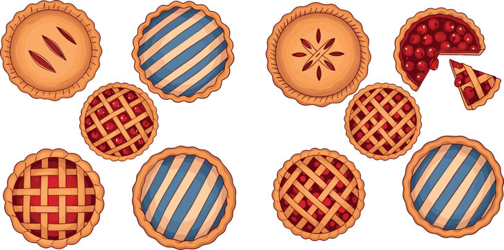 Fruit pies with lattice, solid, and open crusts showing cherry and blueberry fillings in vector illustration