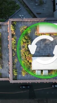 Vertical of green rooftop gardens with sustainability icons showing eco friendly urban city environment. Aerial top-down