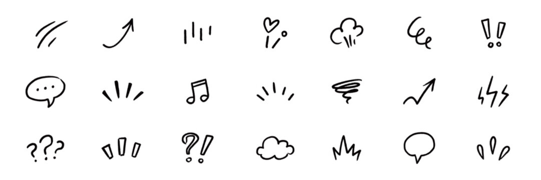 Line element movement hand drawn set. Hand drawn sketch line element icon brush pencil stroke movement chalk. Cute comic cartoon emoji bubble heart star sparkle expression manga. Vector illustration
