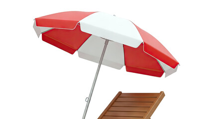 Fototapeta premium Red and white striped beach umbrella over wooden lounger