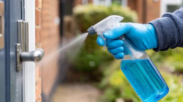 Person wearing blue gloves spraying sanitizer onto a metal door handle for hygiene and safety.