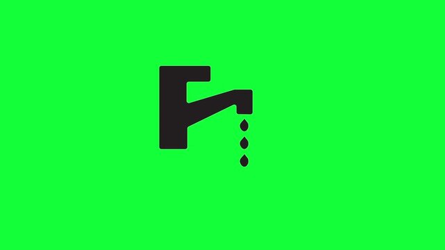Animated flat design icon of a black faucet with flowing water drops. Green background. Line icon animation.