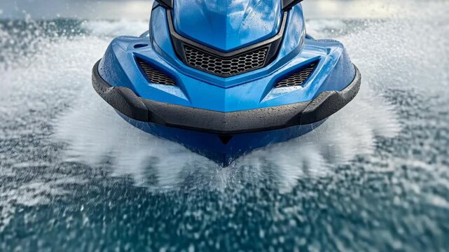 Front view of a blue jet ski cruising across the sea, sending water splashing towards the camera.