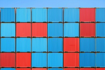 Fototapeta premium Cargo shipping containers stacked in alternating red and blue rows, forming a striking geometric pattern. Logistics and global trade concept