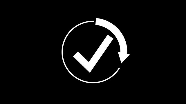 Check mark with round arrow process. Symbol of ISO standard. Icon of compliance on black background.