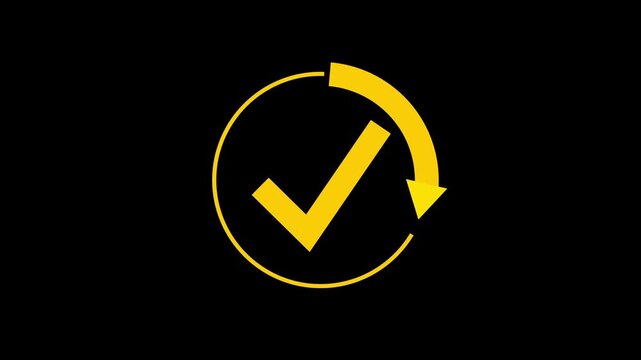 Check mark with round arrow process. Symbol of ISO standard. Icon of compliance on black background.